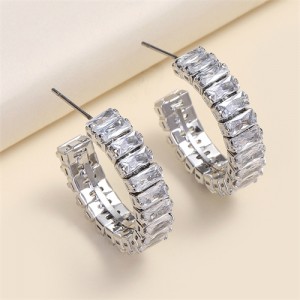 Bling Rhinestone Paved Fashion C Shape Women Earrings - White