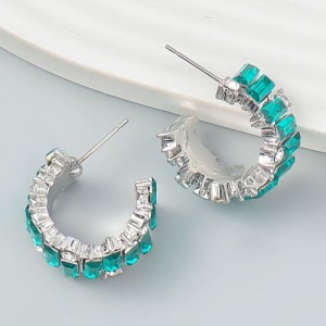 Bling Rhinestone Paved Fashion C Shape Women Earrings - Green