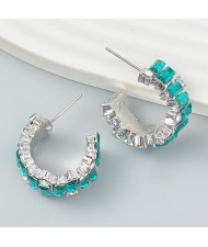 Bling Rhinestone Paved Fashion C Shape Women Earrings - Green