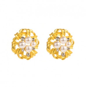 Luxurious Pearl and Rhinestone Embellished Golden Floral Hoop Design Women Earrings