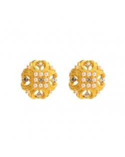Vintage Rhinestone and Pearl Embellished Hollow Golden Floral Design Women Earrings