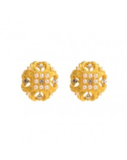 Vintage Rhinestone and Pearl Embellished Hollow Golden Floral Design Women Earrings