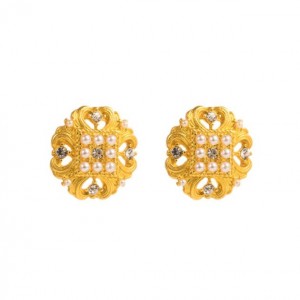 Vintage Rhinestone and Pearl Embellished Hollow Golden Floral Design Women Earrings