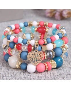 Love Tree Heart Pendant Multi-layer Beads Handmade Women Bracelet - Pink