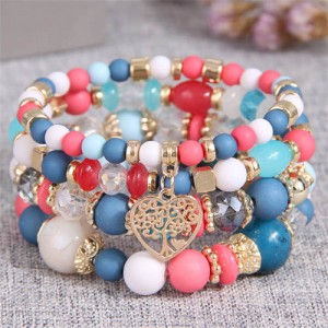 Love Tree Heart Pendant Multi-layer Beads Handmade Women Bracelet - Pink