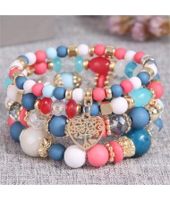 Love Tree Heart Pendant Multi-layer Beads Handmade Women Bracelet - Pink