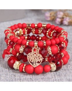 Love Tree Heart Pendant Multi-layer Beads Handmade Women Bracelet - Red