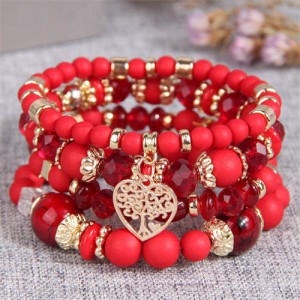 Love Tree Heart Pendant Multi-layer Beads Handmade Women Bracelet - Red