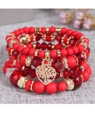 Love Tree Heart Pendant Multi-layer Beads Handmade Women Bracelet - Red