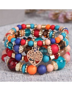 Love Tree Heart Pendant Multi-layer Beads Handmade Women Bracelet - Teal