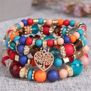 Love Tree Heart Pendant Multi-layer Beads Handmade Women Bracelet - Teal