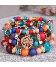 Love Tree Heart Pendant Multi-layer Beads Handmade Women Bracelet - Teal