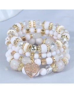 Love Tree Heart Pendant Multi-layer Beads Handmade Women Bracelet - White