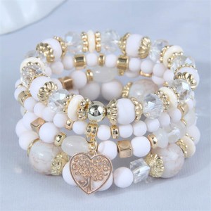 Love Tree Heart Pendant Multi-layer Beads Handmade Women Bracelet - White