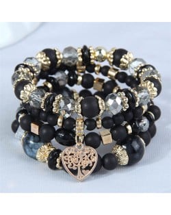 Love Tree Heart Pendant Multi-layer Beads Handmade Women Bracelet - Black