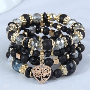 Love Tree Heart Pendant Multi-layer Beads Handmade Women Bracelet - Black