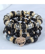 Love Tree Heart Pendant Multi-layer Beads Handmade Women Bracelet - Black