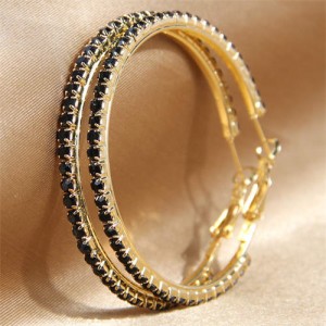 Shining Rhinestone Decorated Women Big Hoop Wholesale Earrings - Black