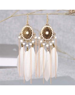Retro Fashion Bohemian Design White Feather and Chain Tassel Style Female Wholesale Earrings