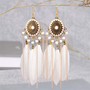 Retro Fashion Bohemian Design White Feather and Chain Tassel Style Female Wholesale Earrings