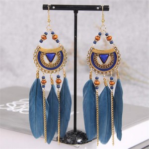 Retro Arch Design Bohemian Design Blue Feather and Chain Tassel Style Female Wholesale Earrings