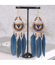 Retro Arch Design Bohemian Design Blue Feather and Chain Tassel Style Female Wholesale Earrings