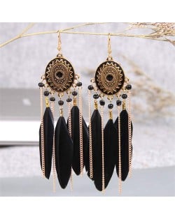 Retro Fashion Bohemian Design Black Feather and Chain Tassel Style Female Wholesale Earrings