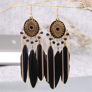 Retro Fashion Bohemian Design Black Feather and Chain Tassel Style Female Wholesale Earrings