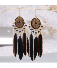 Retro Fashion Bohemian Design Black Feather and Chain Tassel Style Female Wholesale Earrings