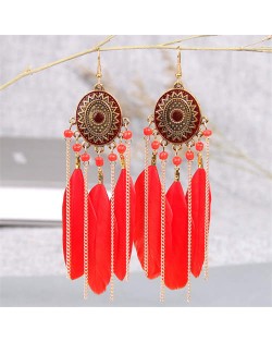 Retro Fashion Bohemian Design Red Feather and Chain Tassel Style Female Wholesale Earrings
