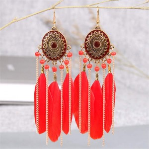 Retro Fashion Bohemian Design Red Feather and Chain Tassel Style Female Wholesale Earrings