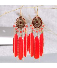 Retro Fashion Bohemian Design Red Feather and Chain Tassel Style Female Wholesale Earrings