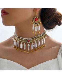 U.S. High Fashion Seashell and Rhinestone Mixed Floral Design Costume Earrings and Necklace Set