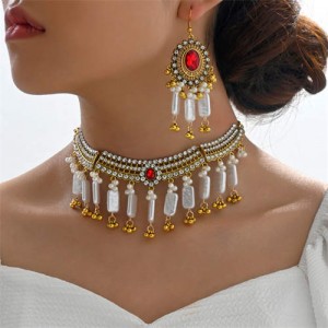 U.S. High Fashion Seashell and Rhinestone Mixed Floral Design Costume Earrings and Necklace Set