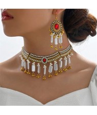 U.S. High Fashion Seashell and Rhinestone Mixed Floral Design Costume Earrings and Necklace Set