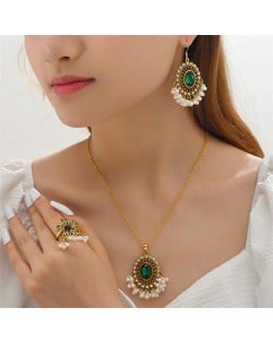 U.S. Elegant Fashion Shining Rhinestone with Pearl Beads Floral Costume Ring Earrings and Necklace Set