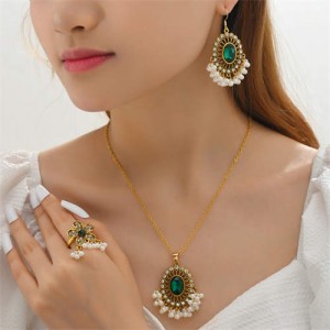 U.S. Elegant Fashion Shining Rhinestone with Pearl Beads Floral Costume Ring Earrings and Necklace Set