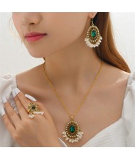 U.S. Elegant Fashion Shining Rhinestone with Pearl Beads Floral Costume Ring Earrings and Necklace Set