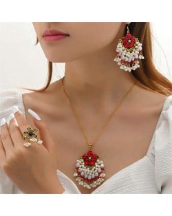 U.S. Graceful Fashion Shining Rhinestone with Pearl Beads Tassel Red Flower Costume Ring Earrings and Necklace Set