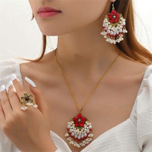 U.S. Graceful Fashion Shining Rhinestone with Pearl Beads Tassel Red Flower Costume Ring Earrings and Necklace Set