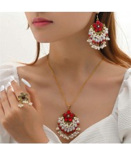 U.S. Graceful Fashion Shining Rhinestone with Pearl Beads Tassel Red Flower Costume Ring Earrings and Necklace Set