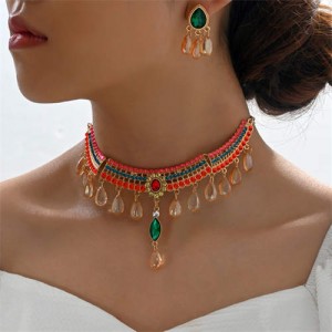 Resin Gem and Rhinestone Embellished Waterdrop Tassel Red and Green Fashion Earrings and Necklace Set
