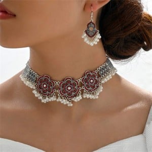 Retro Fashion Rose Flowers Design Costume Earrings and Necklace Set