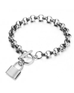 Hiphop Popular Lock Pendant Stainless Steel Bracelet - Silver