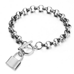 Hiphop Popular Lock Pendant Stainless Steel Bracelet - Silver