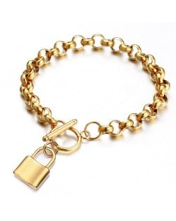 Hiphop Popular Lock Pendant Stainless Steel Bracelet - Golden