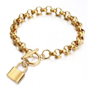 Hiphop Popular Lock Pendant Stainless Steel Bracelet - Golden