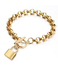 Hiphop Popular Lock Pendant Stainless Steel Bracelet - Golden