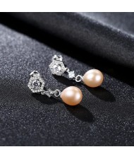 Exquisite Pentagon Design Elegant Natural Pearl Wholesale 925 Sterling Silver Earrings - Pink