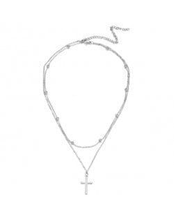 Dual Layers Beads Decorated Simple Fashion Cross Pendant Wholesale Women Costume Necklace - Silver